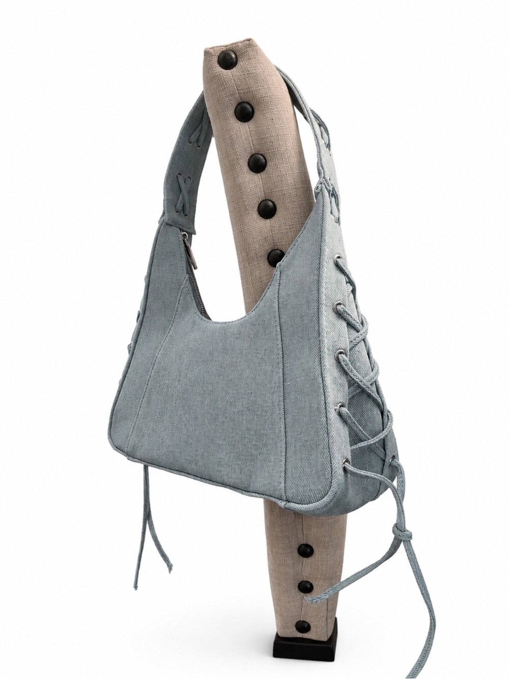 Light Blue Lace-Up Shoulder Bag for Women